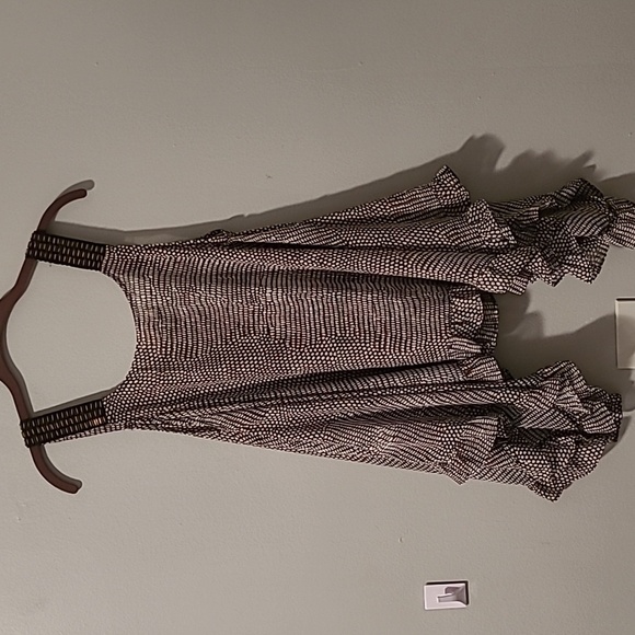 Women's Small Brown White Ruffle Trim Sleeveless Top Beaded Straps Flowy Casual - Picture 6 of 12